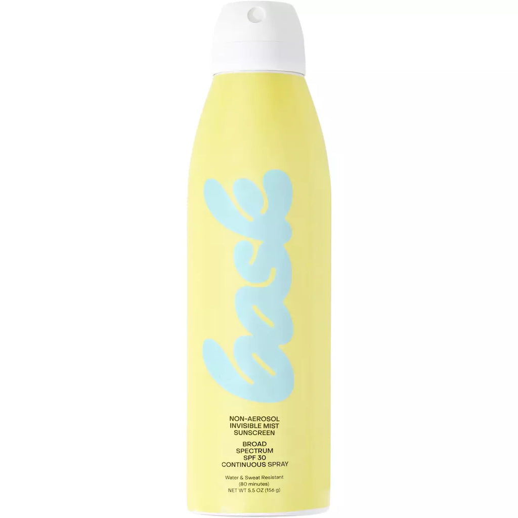 A yellow spray bottle of broad-spectrum sunscreen.