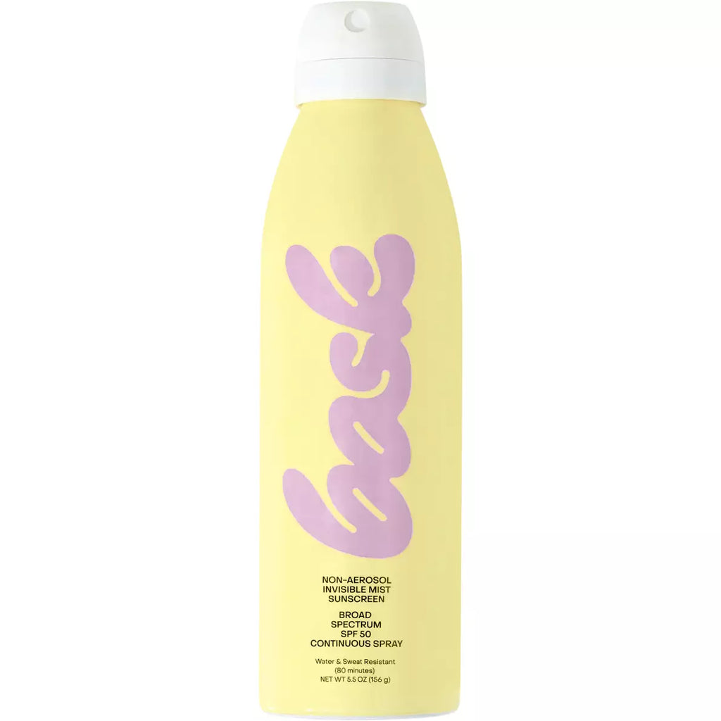A yellow bottle of non-aerosol sunscreen mist with broad-spectrum spf 30 protection in a continuous spray format.