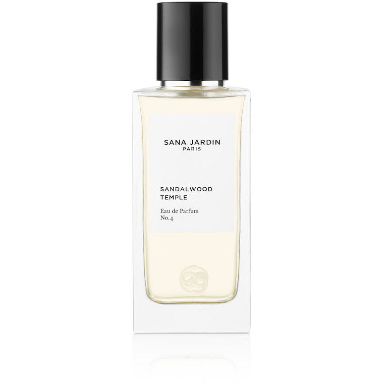 Elegant perfume bottle labeled "sana jardin paris, sandalwood temple, eau de parfum no. 4" against a white background.