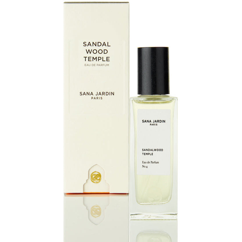 Bottle of sana jardin paris sandalwood temple perfume next to its packaging.