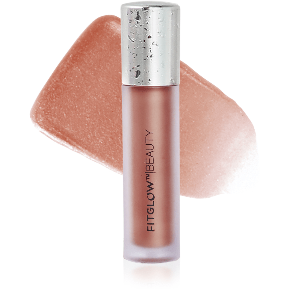 A tube of fitglow beauty lip gloss with a shimmering peach-colored product, shown against a white background with its corresponding color swatch.