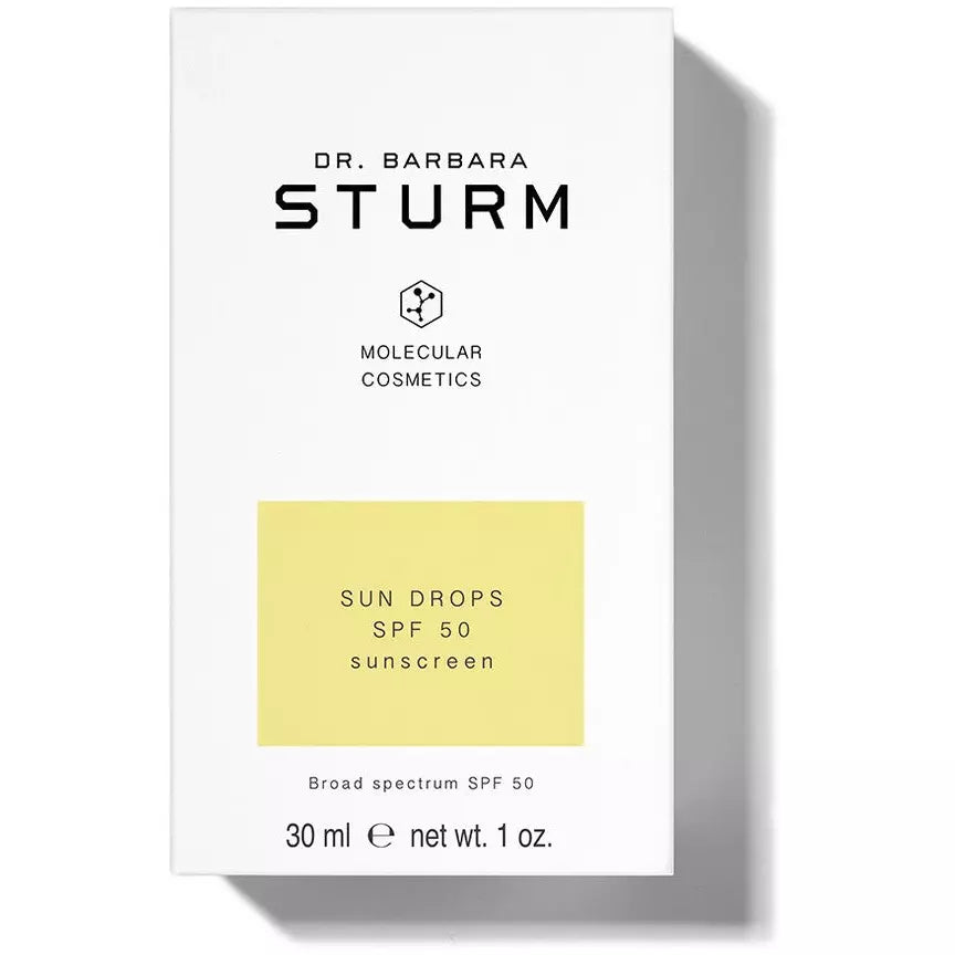 Packaging of dr. barbara sturm sun drops spf 50 sunscreen, 30 ml/1 fl. oz.