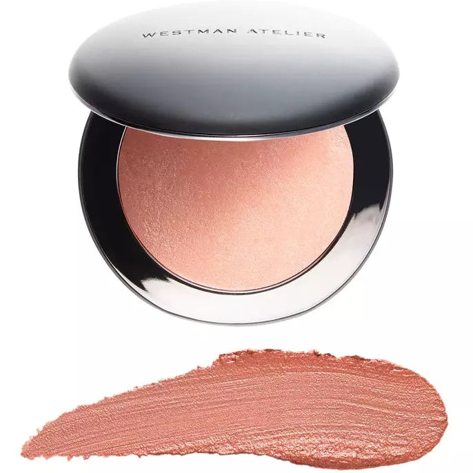 A compact blush with a rose-colored powder above a swatch of the same shade.
