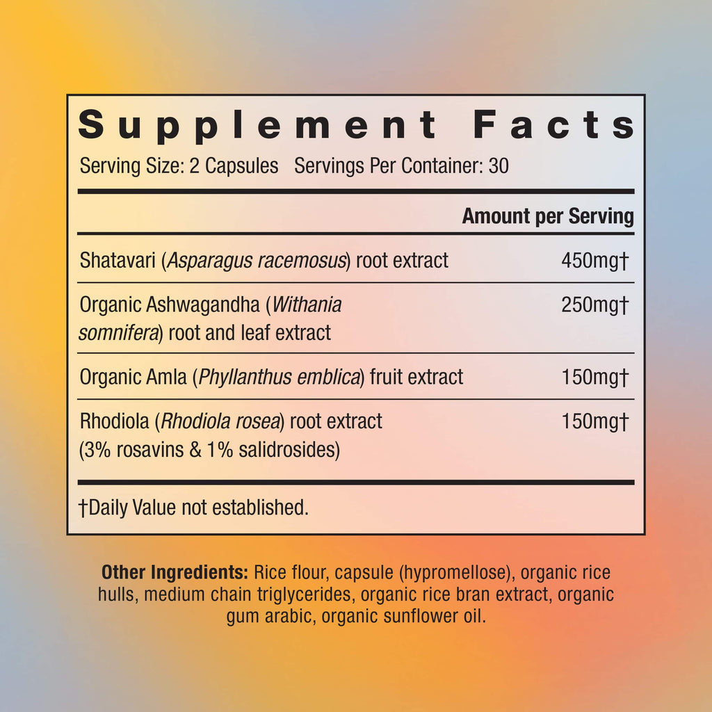 Label displaying dietary supplement facts with various herbal ingredients and their amounts per serving.