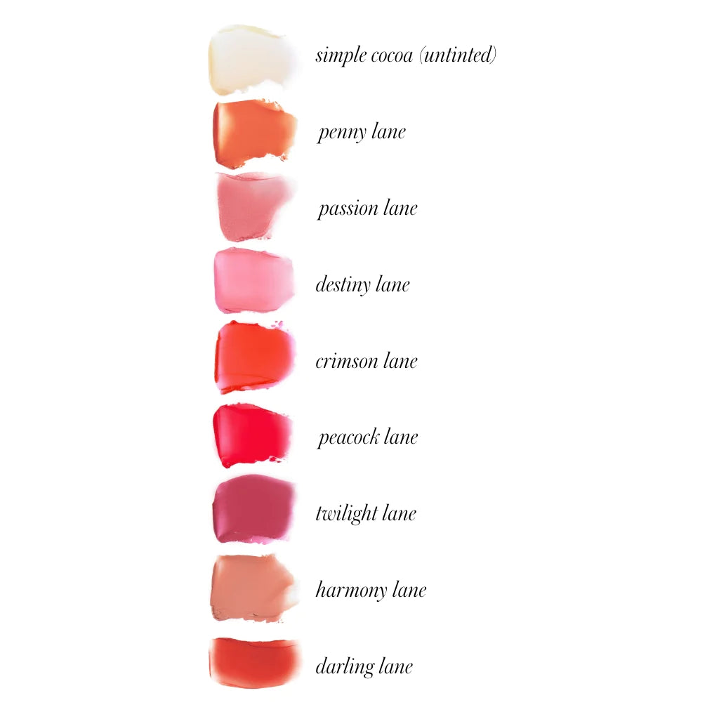 A range of lipstick swatches in varying shades from nude to deep red with their corresponding names listed beside them.