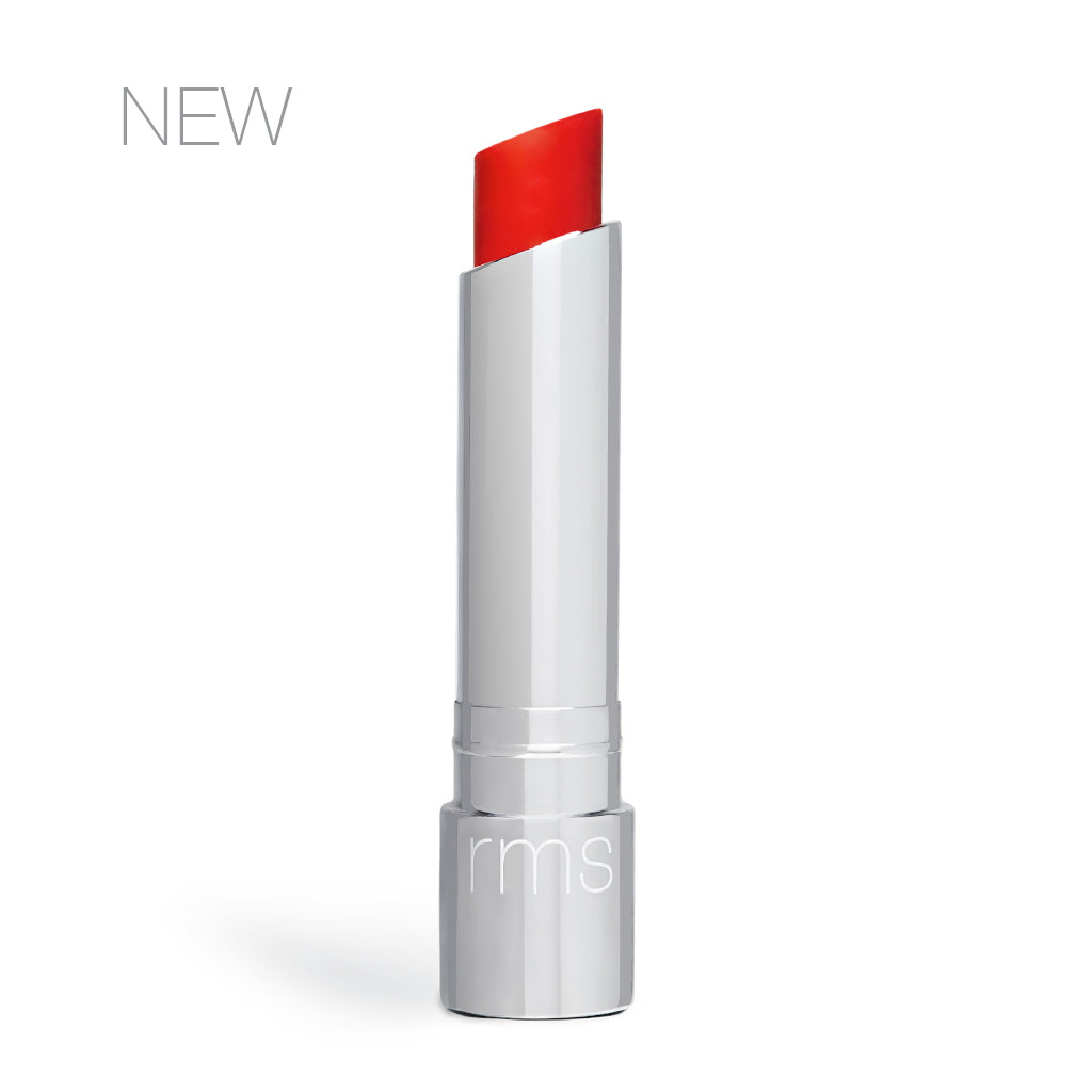 New red lipstick on a white background.