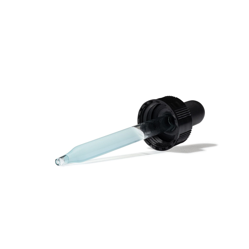 A pipette dropper with a transparent glass tube and black rubber bulb isolated on a white background.