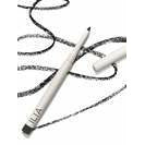 A black eyeliner pencil with a white cap, accompanied by decorative swirls of eyeliner demonstrating its application potential.