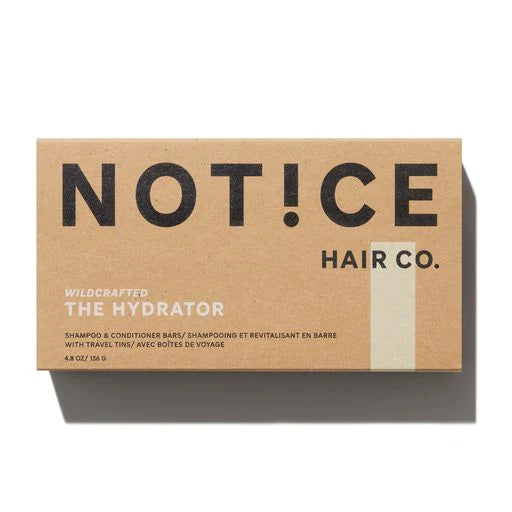 Brown cardboard packaging for a shampoo and conditioner bar by notice hair co. labeled "the hydrator.