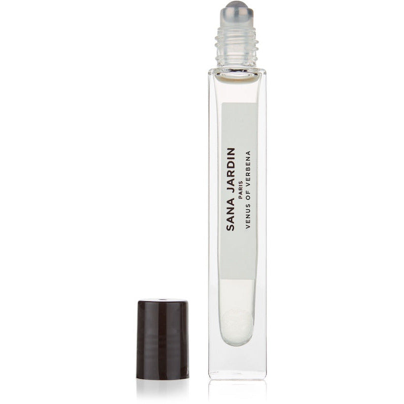 A clear glass rollerball perfume bottle with a black cap, labeled "sana jardin.