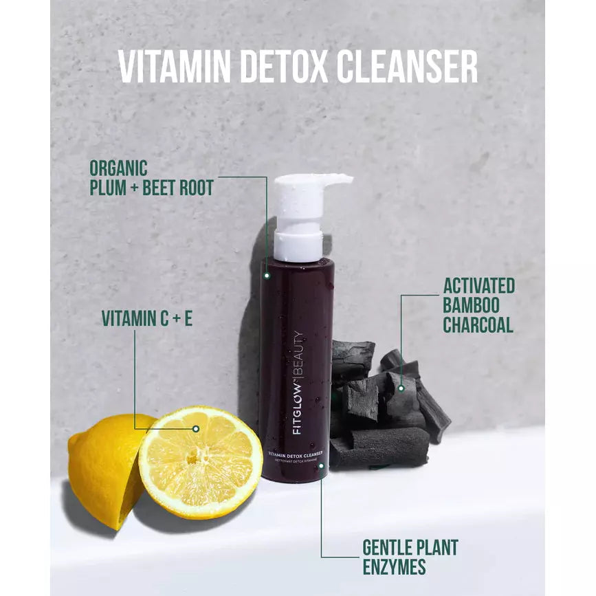 Product advertisement for a vitamin detox cleanser containing organic plum and beetroot, vitamin c and e, activated bamboo charcoal, and gentle plant enzymes.