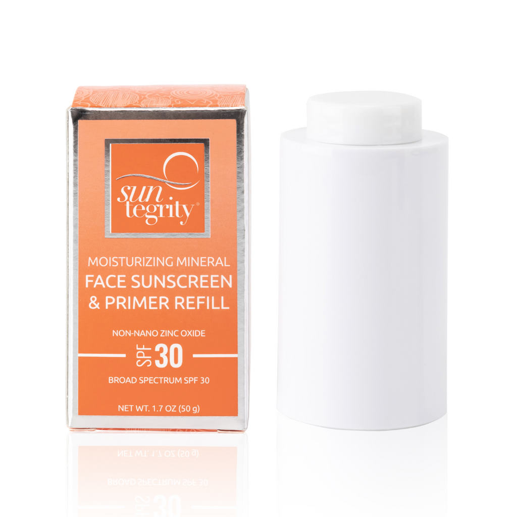Face sunscreen and primer product with spf 30 in a bottle next to its packaging.