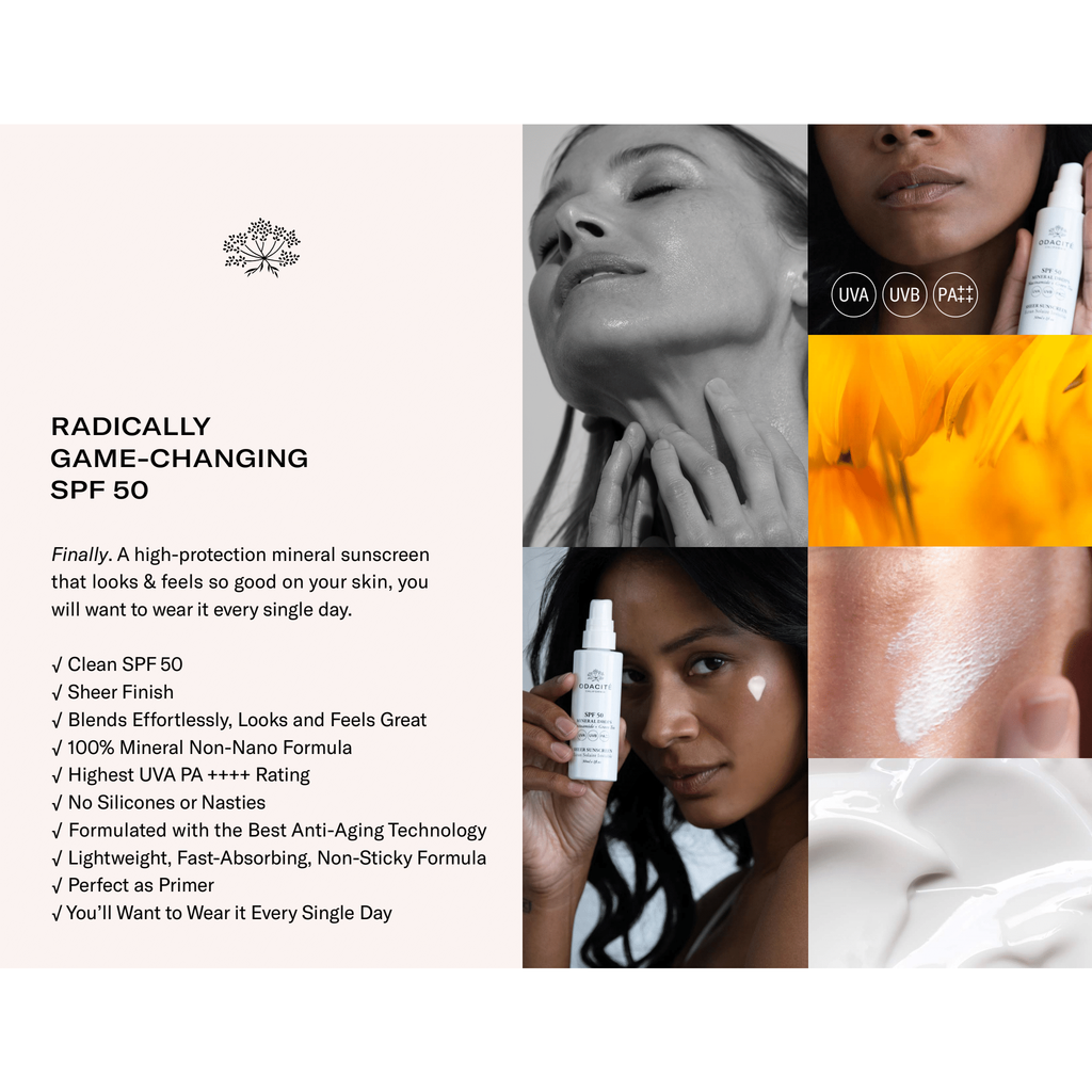 A promotional image for a skincare product with spf protection, featuring close-ups of different women applying sunscreen to highlight the product's various benefits.