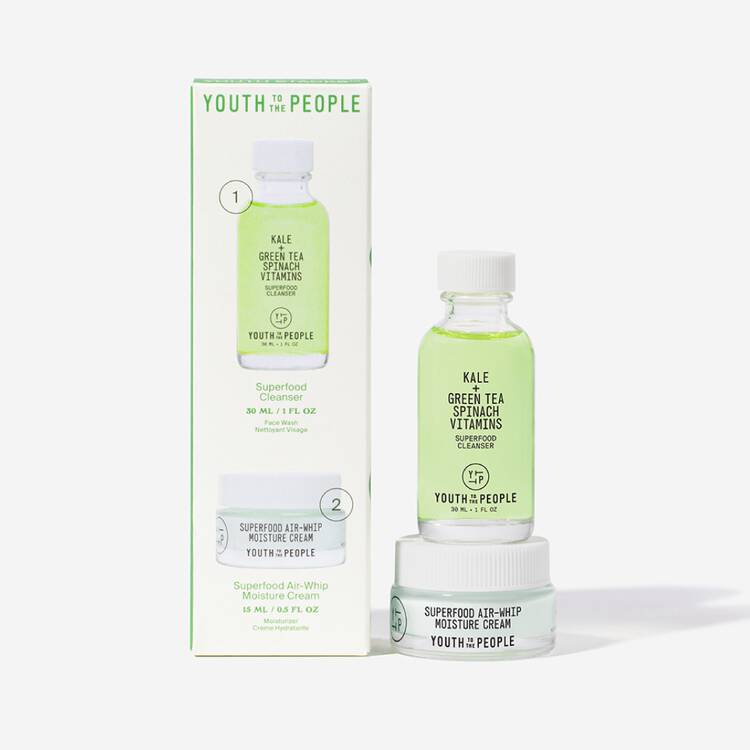 A set of "youth to the people" skincare products, including a cleanser, face cream, and serum with kale and green tea ingredients.