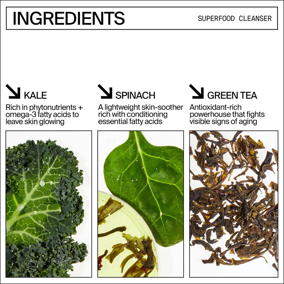 Ingredients for a superfood cleanser: kale, rich in phytonutrients and omega-3 for glowing skin; spinach, lightweight and conditioning with essential fatty acids; green tea, antioxidant-packed.