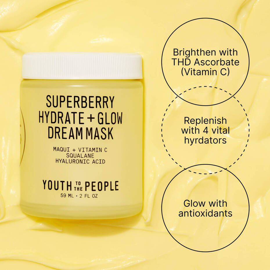 Jar of "superberry hydrate and glow dream mask" with annotations highlighting its key ingredients: maqui, vitamin c, squalane, and hyaluronic acid.