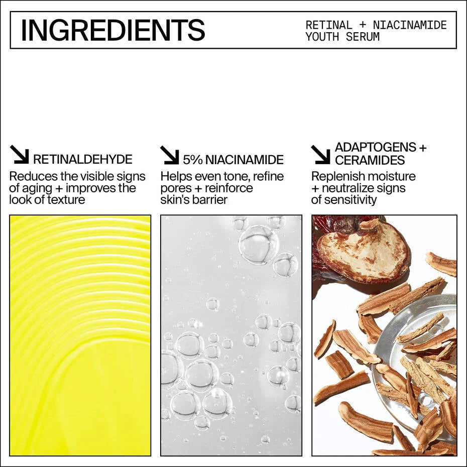 Cosmetic skincare ingredients infographic highlighting benefits of retinaldehyde, niacinamide, and adaptogens for skin improvement.