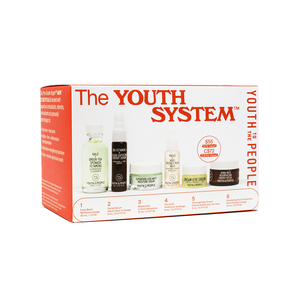 A boxed skincare set labeled "the youth system" with six numbered anti-aging products displayed.