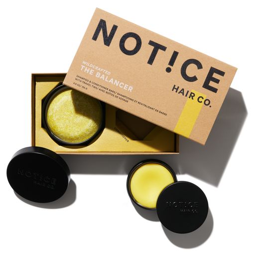 A hair care product by notice hair co. named "the balancer" displayed with its packaging and open container revealing the product inside.