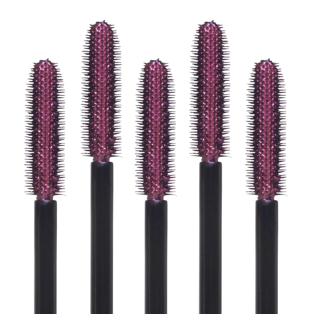 Five identical mascara brushes arranged in a line on a white background.
