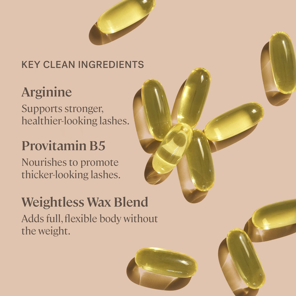 Transparent capsules with a golden liquid, possibly a supplement or beauty product, accompanied by a list of key ingredients.