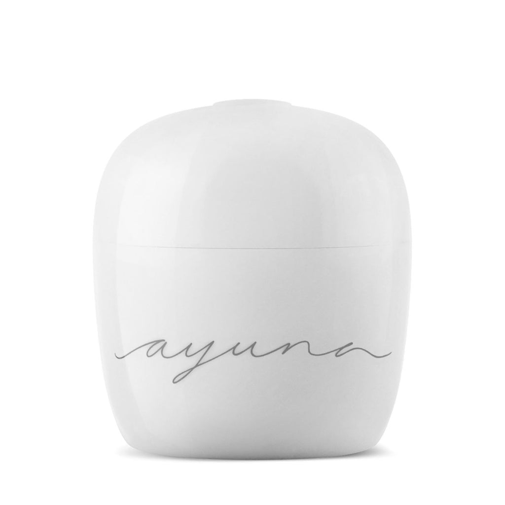 White cosmetic jar with "ayuna" branding on a white background.