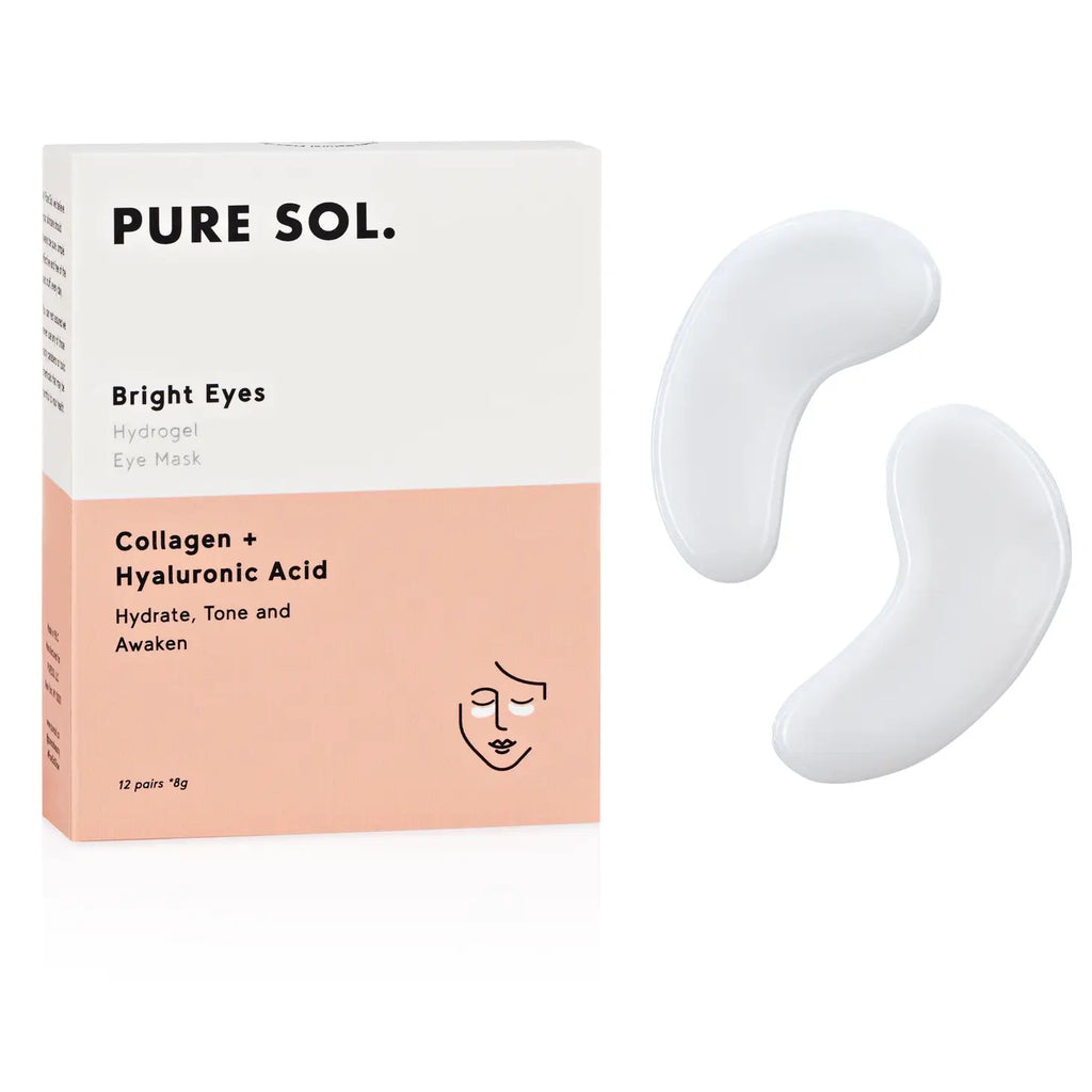 Pure sol. bright eyes hydrogel eye mask with collagen + hyaluronic acid packaging and product display.