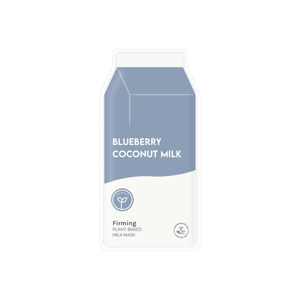 Illustration of a blueberry coconut milk carton design, labeled as a firming plant-based milk mask.