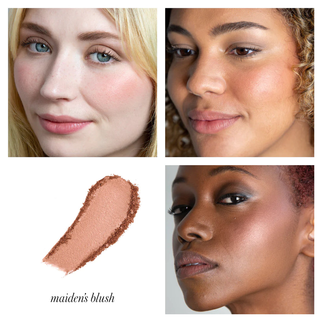 Three women showcasing the application of 'maiden's blush' makeup on their cheeks.