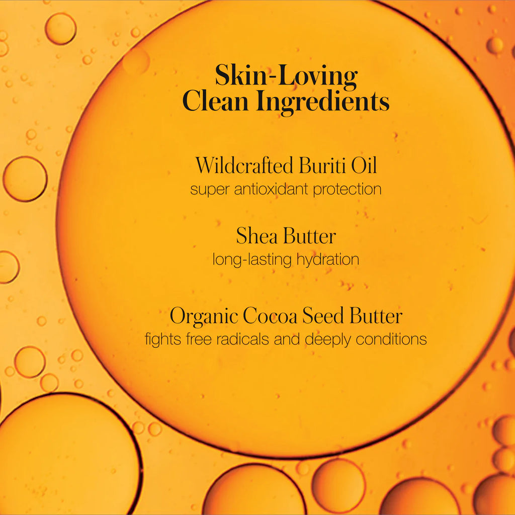 Close-up of golden-hued oil droplets with text overlay highlighting skin-care benefits of certain ingredients.