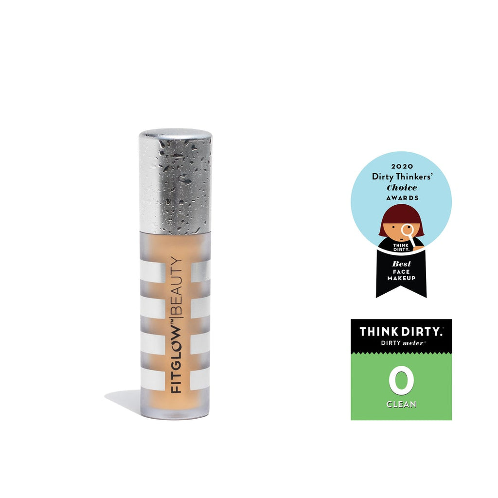 Liquid foundation tube with award badges indicating clean ingredients and a positive review from a 2020 choice awards.