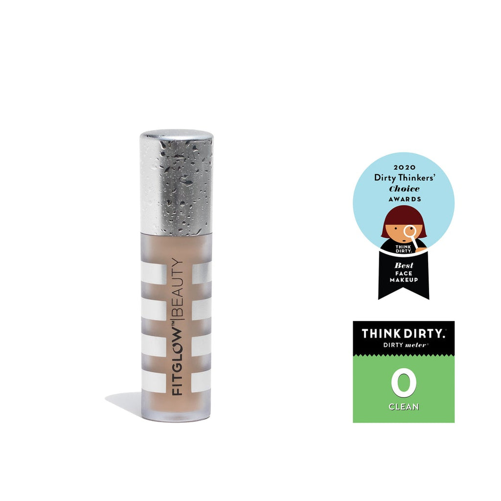 Product image featuring fitglow beauty concealer with award badges indicating clean ingredient recognition.