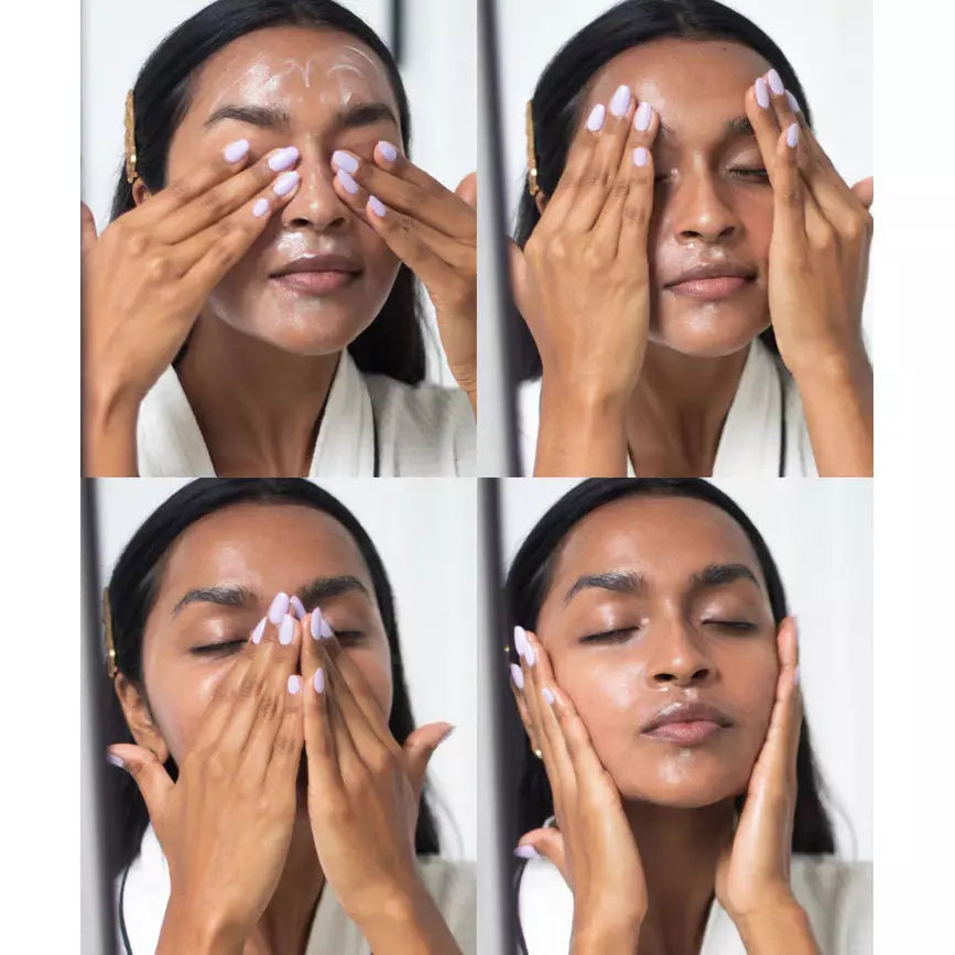 A four-step sequence showing a person applying a facial skincare product, gently massaging it into the skin.