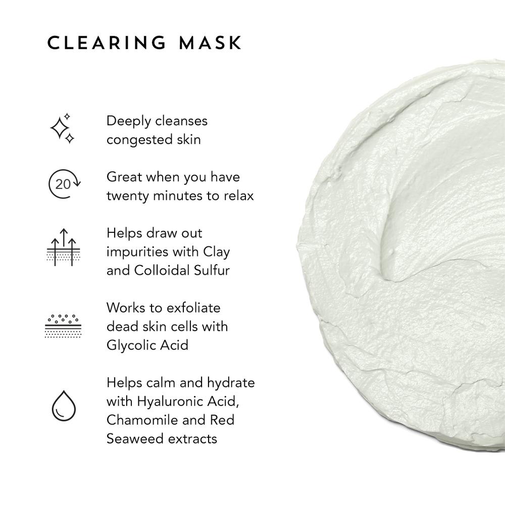 A facial clearing mask product with key benefits listed and a texture sample shown.