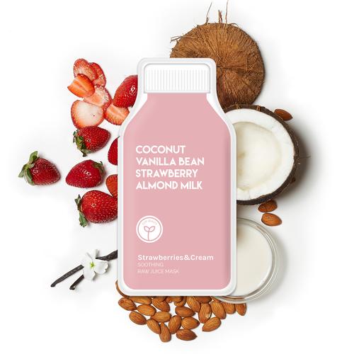 Bottle of coconut vanilla bean strawberry almond milk surrounded by strawberries, almonds, and coconut halves on a white background.