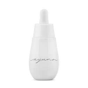 White dropper bottle with gray text on a white background.