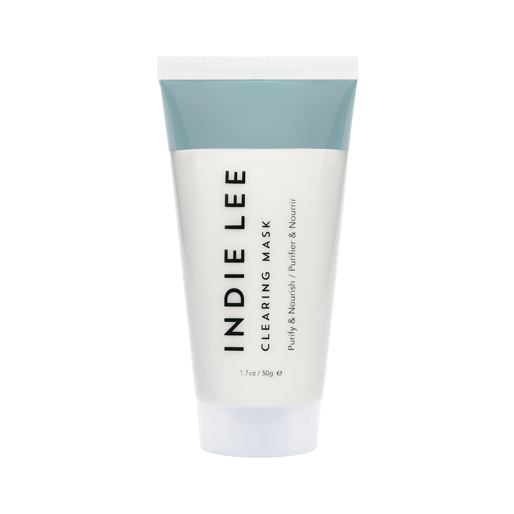 Tube of indie lee clearing mask skincare product against a white background.