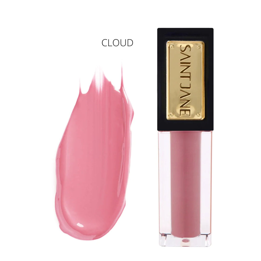 Product display of "cloud" shade lip gloss with swatch and packaging.