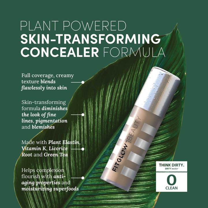 Advertisement for a plant-powered, skin-transforming concealer with natural ingredients and full coverage benefits.