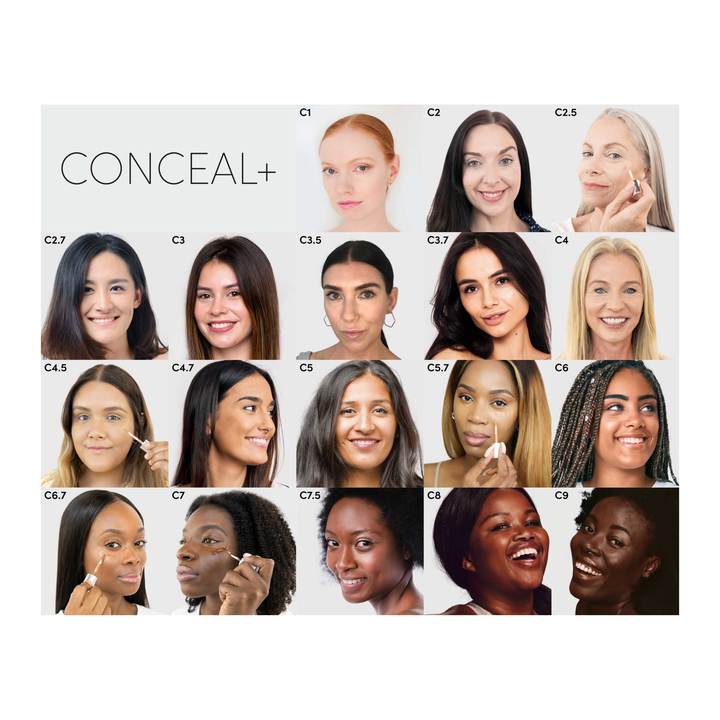 A range of women demonstrating various shades of conceal+ concealer suitable for different skin tones.
