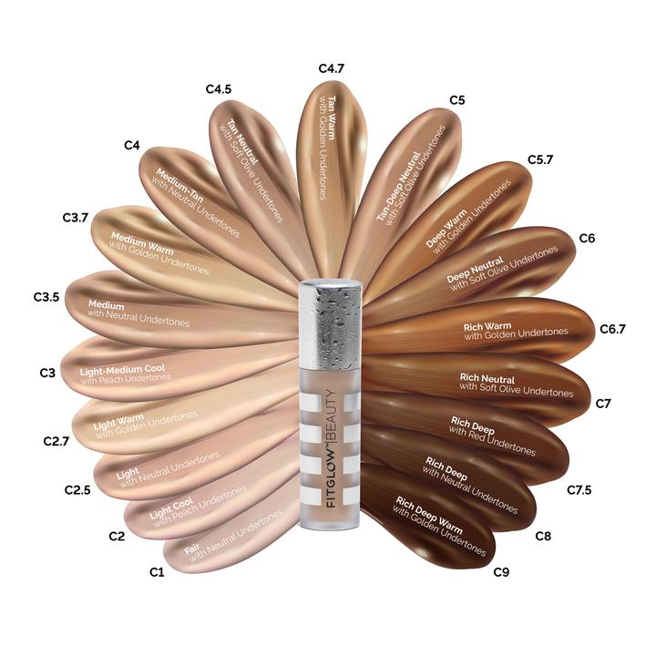 Range of foundation shades fanning out around a central bottle of foundation makeup.