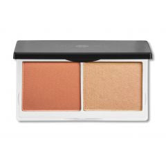 Dual-paneled cosmetic compact with bronzer and highlighter.