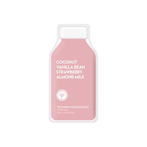 Illustration of a pink almond milk bottle label with coconut, vanilla bean, and strawberry flavor notes.