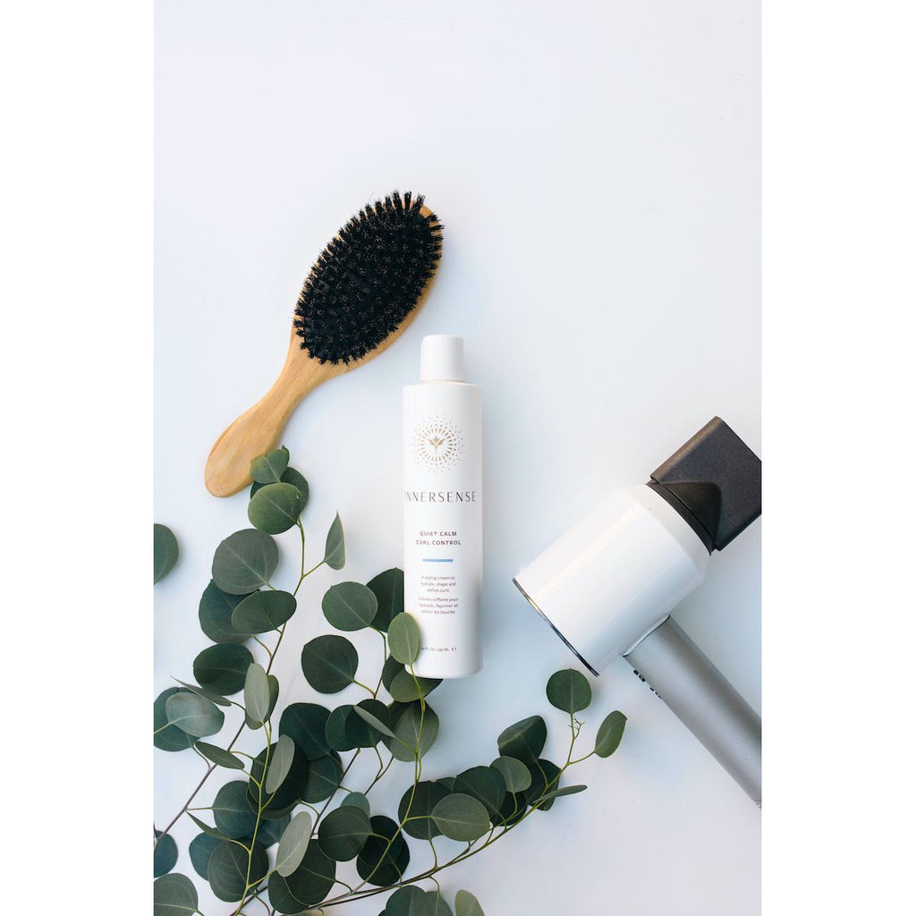 Flat lay of hair care products and a brush next to a green plant on a white background.