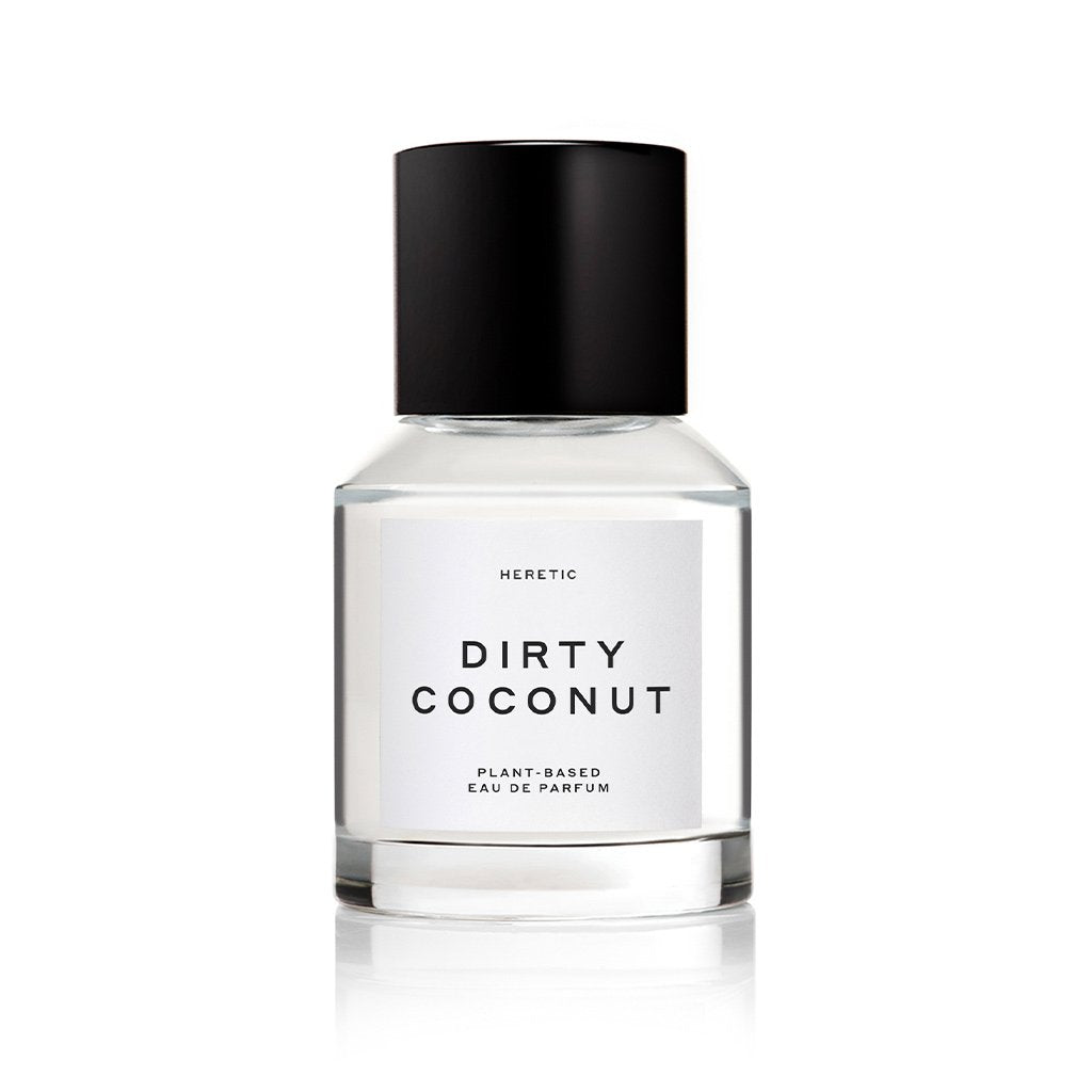 A bottle of heretic dirty coconut plant-based eau de parfum on a white background.
