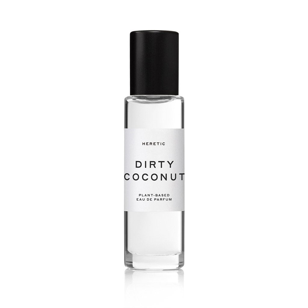A bottle of heretic dirty coconut plant-based eau de parfum against a white background.