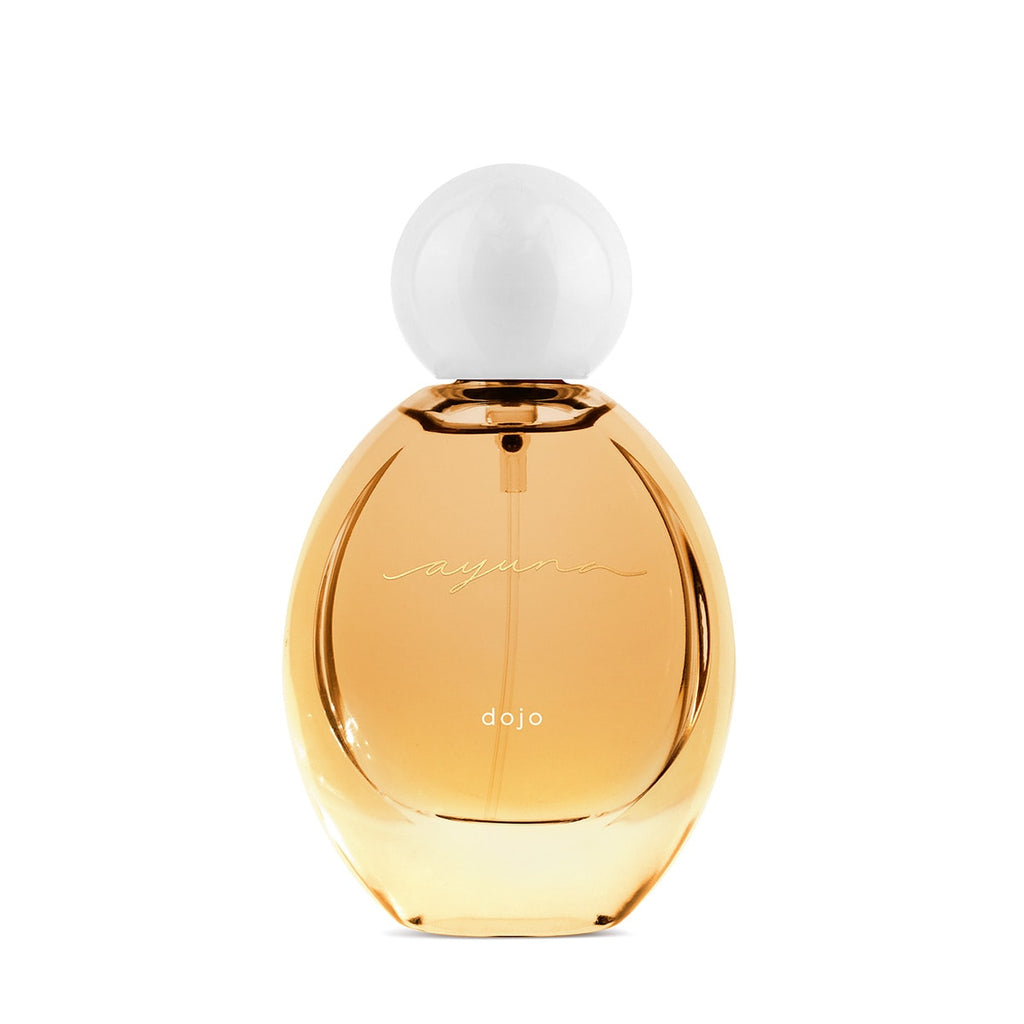 Elegant perfume bottle with a white cap on a white background.