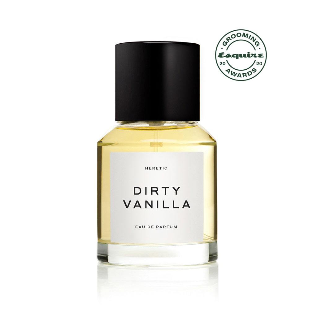 Bottle of "dirty vanilla" eau de parfum by heretic with a grooming award badge.