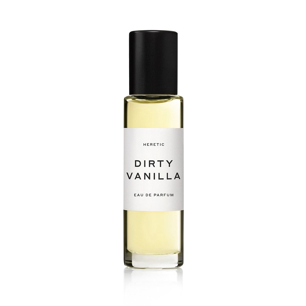 Bottle of "dirty vanilla" eau de parfum by heretic on a white background.