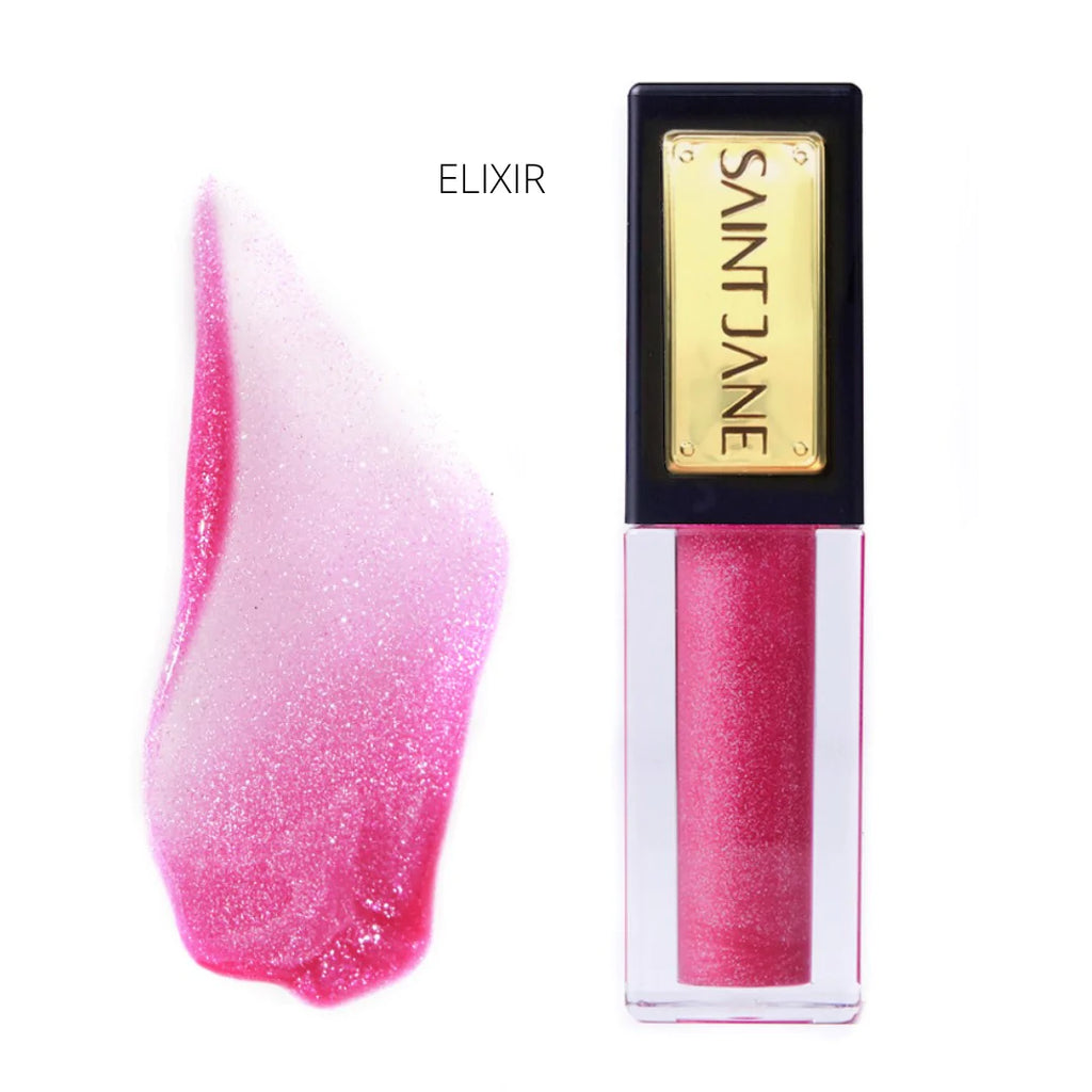 A swatch of pink lip gloss next to its container labeled "elixir.